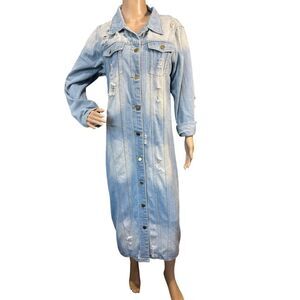 Jean Button Down Distressed Denim Long Trench Coat Duster Jacket Y2K Size Small
